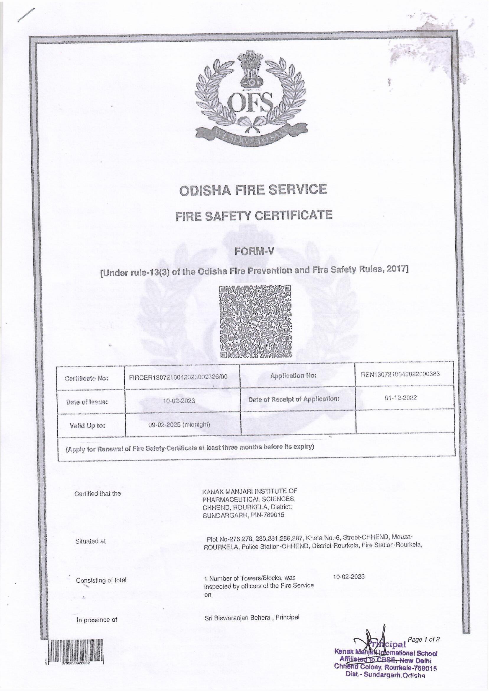Kanak Manjari International SchoolFire Safety Certificate